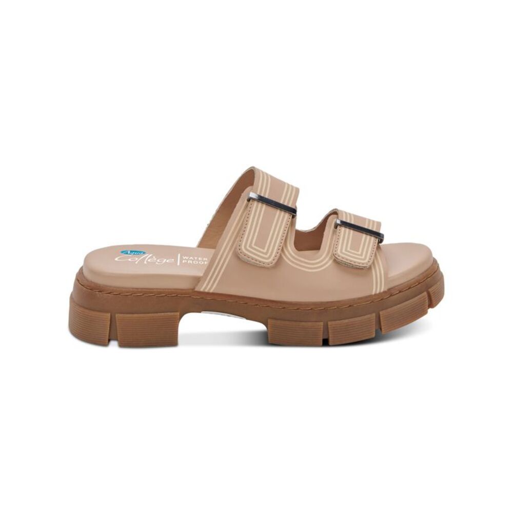 AQUA COLLEGE Womens Beige Hippie Round Toe Block Heel Slip On Slide Sandals 7 M